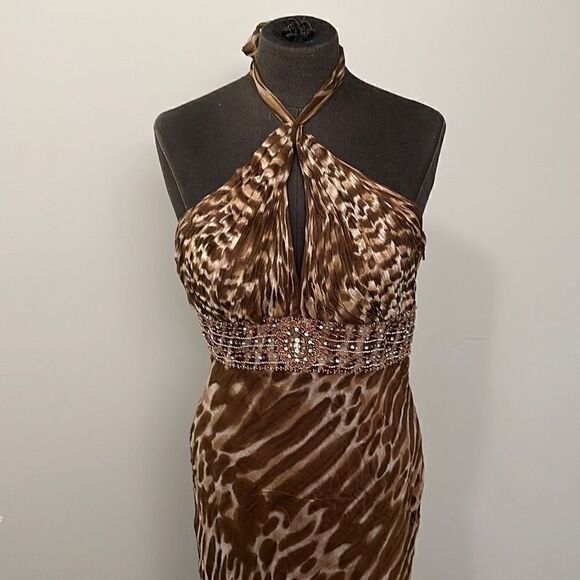 Scala Women's Leopard Animal Print Elegant Open back Maxi Dress Size 8 NWT - Picture 2 of 14